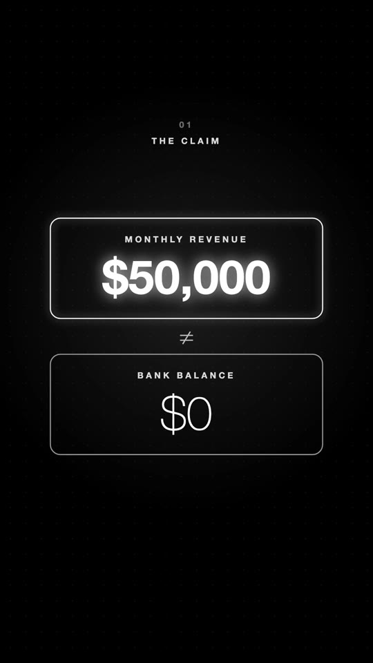 Video frame: monthly revenue $50,000, bank balance $0