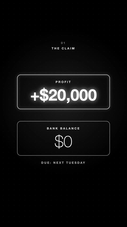 Video frame: profit +$20,000, bank balance $0