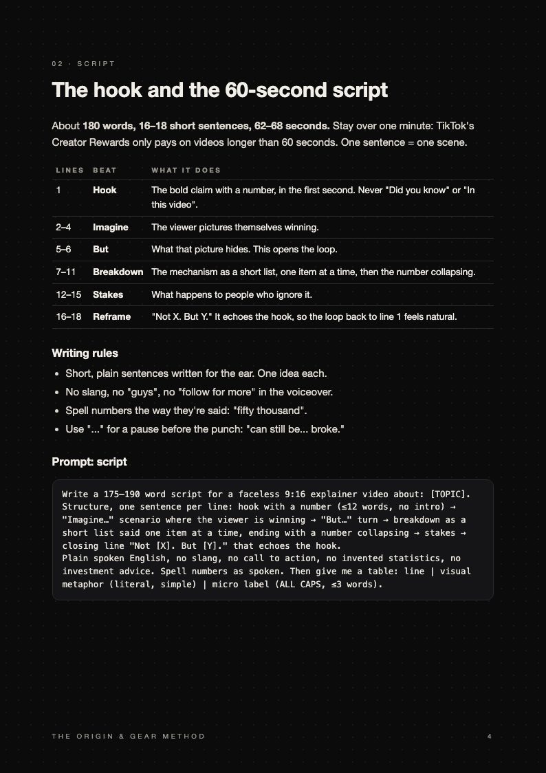 Guide page: the hook and the 60-second script, with a copy-paste prompt